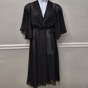 Halston Sheer Wrap Dress/Beach Cover Up Flutter Sleeves Black Sz S/M-P/M Casual